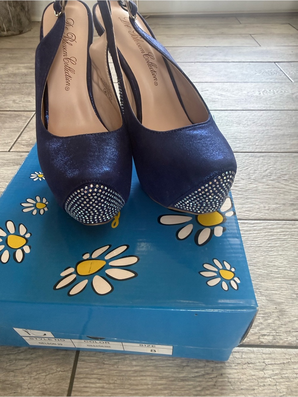 De Blossom Collection Navy Satin Slingback Heels with Crystal Toe